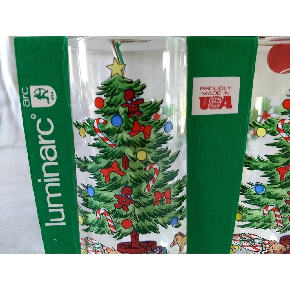 Luminarc Glass Tumblers 16oz NOEL Christmas Tree Holly‎ Vtg 90s Set of 4 NOS NEW